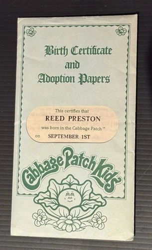 Vintage 1984 Cabbage Patch Kids Birth Certificate Reed Preston Born Sept 1st
