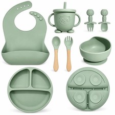 Silicone Baby Feeding Utensils Set Toddler Mealtime Supplies Green 8 PCS