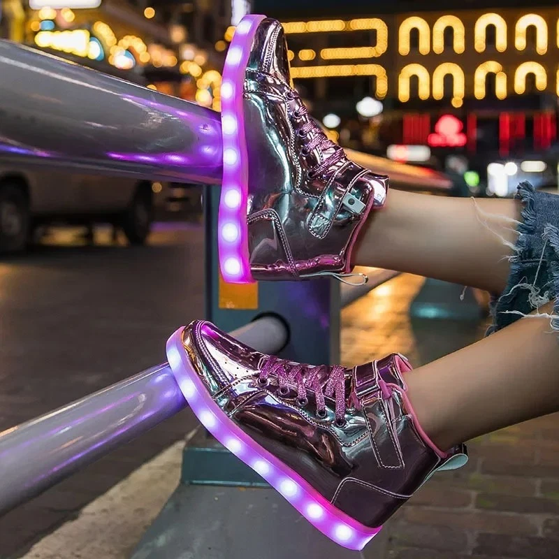 Brillantes LED Niños Tenis Parte Superior Alta Niño Niña Zapatos Informales Transpirables Primavera Baile Foto 3 de 4