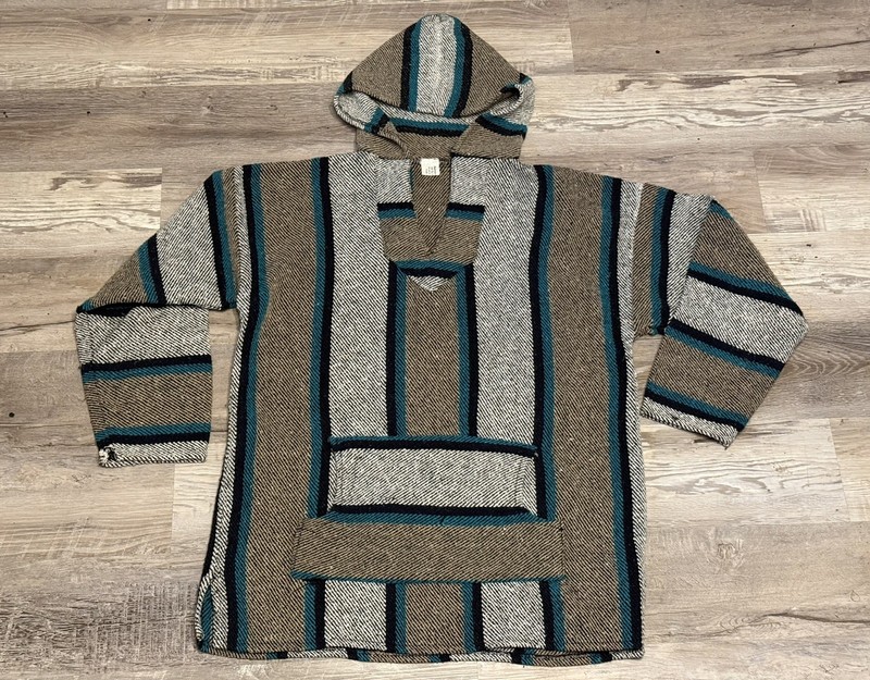 Mexican Poncho Hoodie Men's L Black Burgundy Woven Drug Rug Baja Hippie Beach