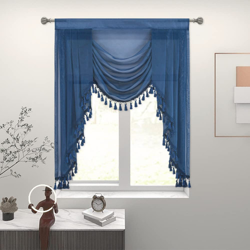 Navy Blue Waterfall Sheer Window Valances for Living Room Decor Tassels Swag