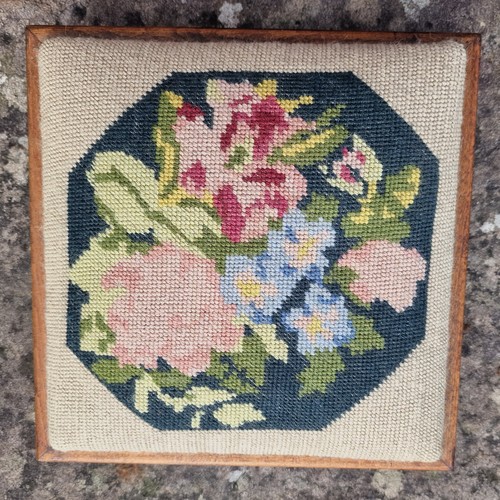 Vintage Mid Century Needlepoint Footstool, Floral on Navy, Turned Bun Feet (photo 2)