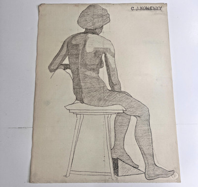 Art Portrait Charcoal  Female seated Nude 1948 Expressionism study MID CENTURY