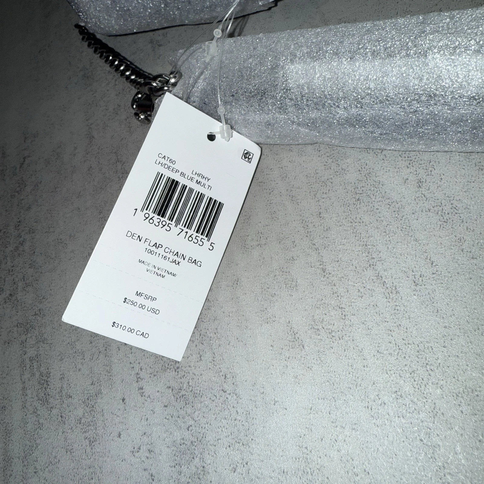 Borsa Coach Brook con patta catena in denim e pelle firmata argento blu profondo nuova con etichette