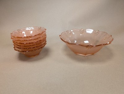 Vintage Rose Rosa Glas Dessertschale Set Große Obstschale & 6 kleine Schalen (S18)
