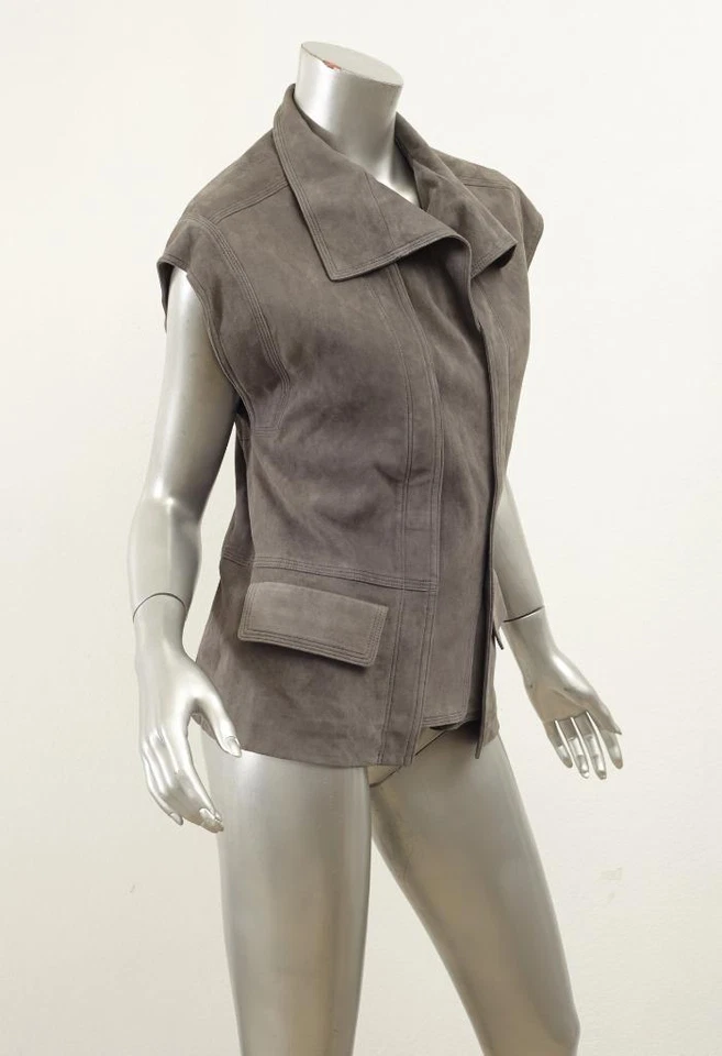 VINCE $795 Mujer Gris Gamuza Moto Moto Moto Motociclista Chaleco Bolsillos S 2016 NUEVO Foto 3 de 4