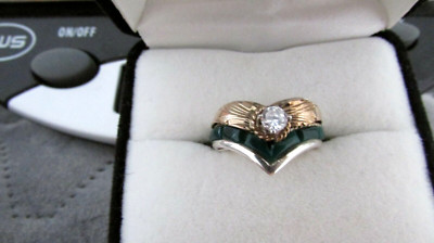 NEW NATIVE AMERICAN RING MALACHITE CHEVRON STYLE S/S W/C.Z. & GOLD OVERLAY SZ 8