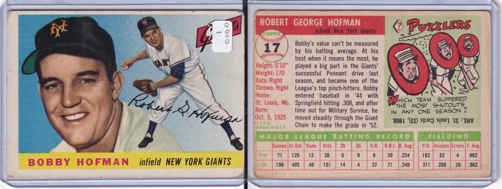 1955 Topps #17 Bob Hofman NY Giants Infield Card - Good Condition