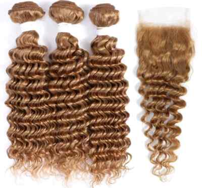 3BUNDLES +CLOSURE 16+18+20&14 PERUVIAN DEEP WAVES PURE HONEY BLONDE 27# 350g 12A