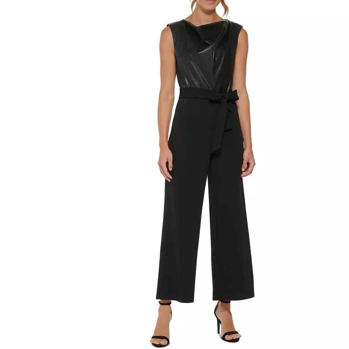 DKNY Womens Faux Leather Sleeveless Wide Leg Jumpsuit BHFO 7720
