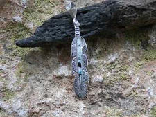 Buffalo Turquoise Handcrafted Feather Sterling Silver Gemstone Pendant  Size N83