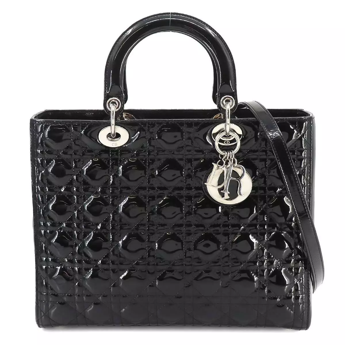 Grand sac à main bandoulière Chiristian Dior Lady Dior 2 voies émail noir 90260974