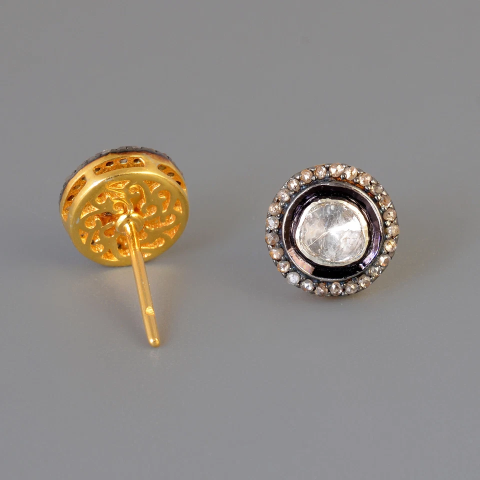 Orecchini a perno Polkii diamante argento 925 oro 14 carati regalo matrimonio... - Immagine 4 di 4