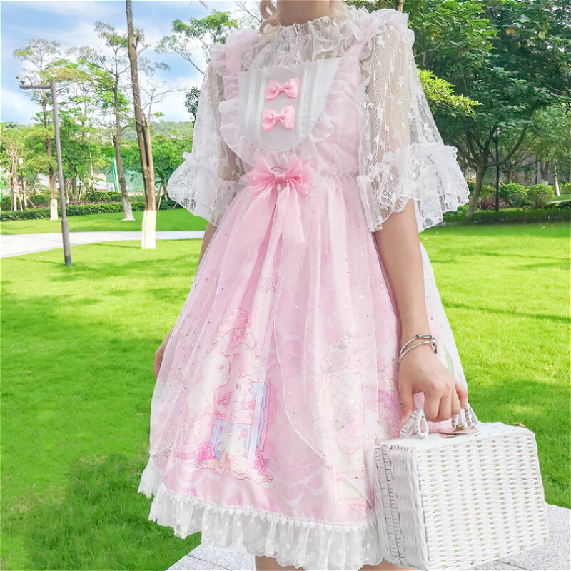 kawaii light pink dress woman in pink dress Womens Korean Coquette Aesthetic Cute Floral Light Pink Midi Dress The Kawaii