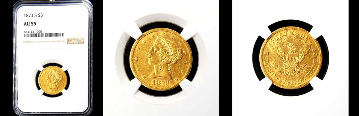 1873-S $5 NGC AU55-POP 21-MINTAGE 31000-PQ LIBERTY HEAD HALF EAGLE