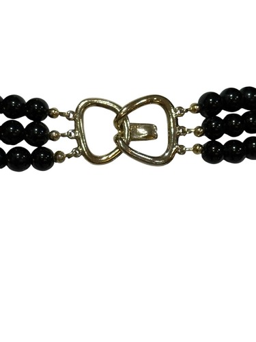 Vtg 3-Strand Black Glass Bead/Pearl Necklace Goldtone Metal Enhancer/Clasp 24” - Picture 9 of 10