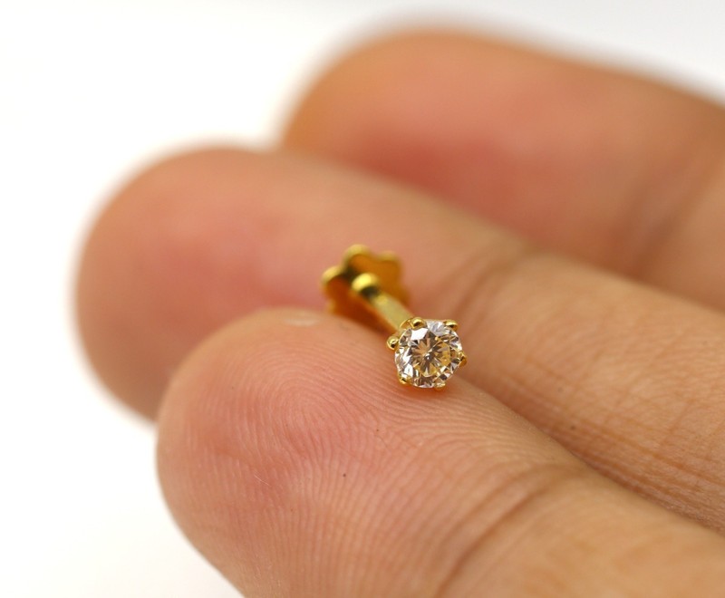 14k Yellow Gold 3MM Round Natural Diamond Nose Pin Piercing For Wife #035