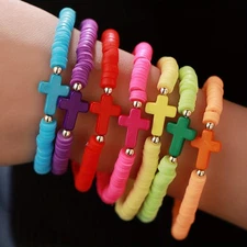 7Pcs Boho Polymer Clay Beaded Bracelet, Elastic Cross Multi-layer Bracelet Gift