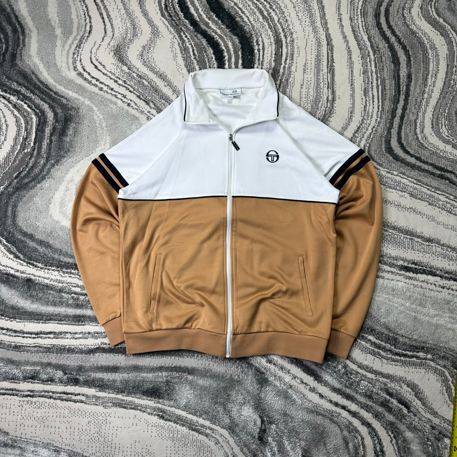 Vintage Sergio Tacchini Orion Full Zip Sz 3XL Tan White Funnel Neck Track Jacket