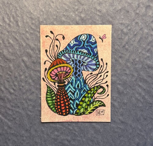 ACEO Original Painting, Brightly Colored and Detailed Mushrooms, GEM 2.5"x3.5"