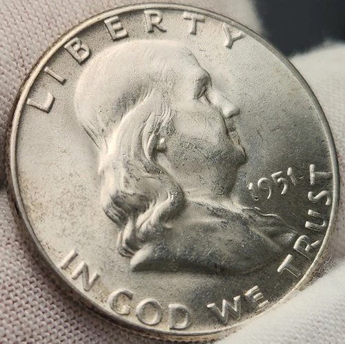1951 P Franklin Half Dollar Uncirculated, 90% Silver, 0.3617 Troy Ounces ~ F51p2
