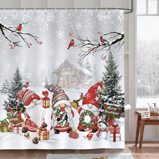 Merry Christmas Shower Curtain, Winter Gnomes Xmas Tree Snowy Forest