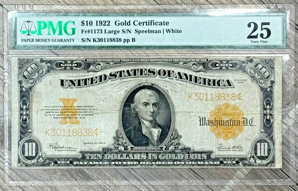 Certificado de oro de $10 de 1922 sello amarillo FR# 1173, grande S/N, PMG muy fino 25