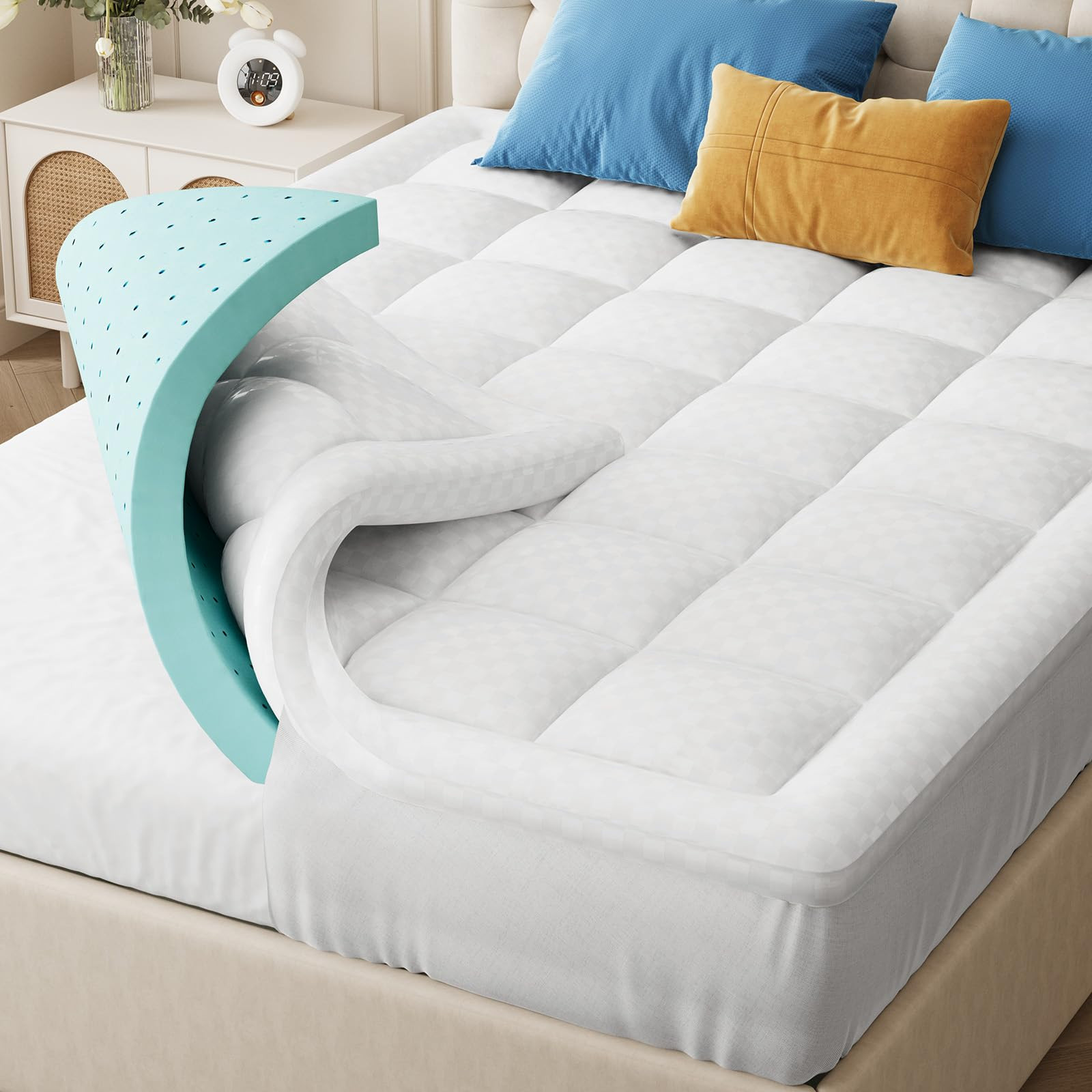 Belffin Dual Layer 4 Inch Thick Memory Foam Mattress Topper Queen Size, 3 Inc...