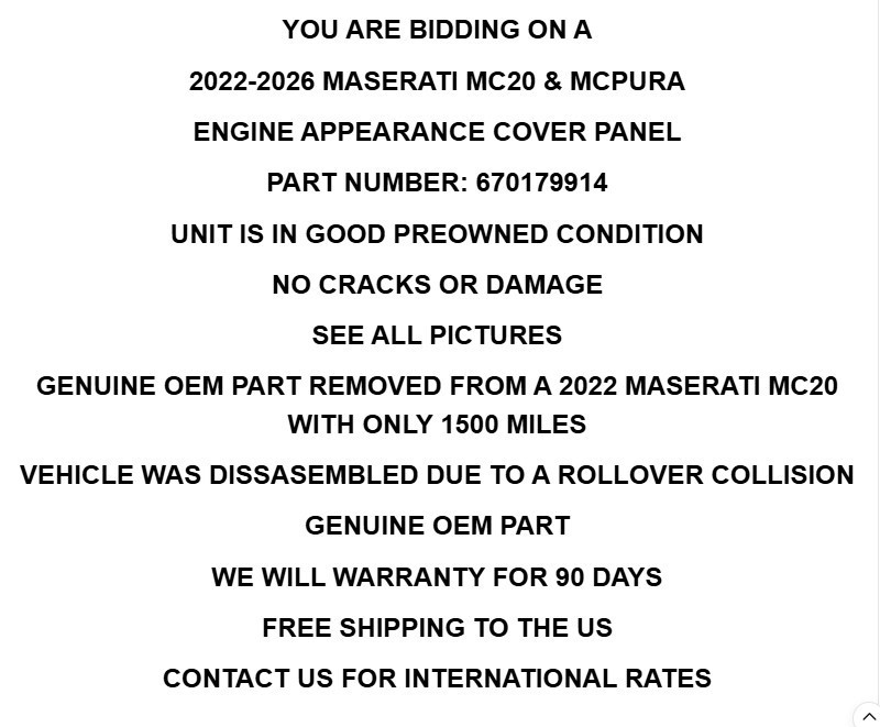 2022-2026 Maserati MC20 MCPura Engine Cover Aesthetic Shield Black OEM 1500 Mi