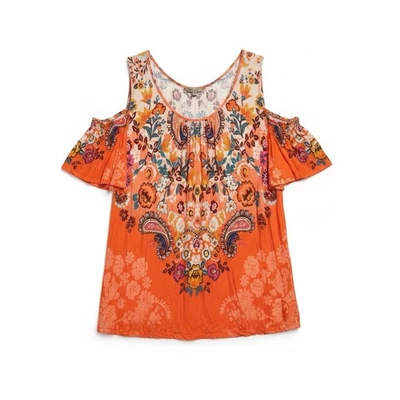 Democracy Women's Orange Paisley Floral Print Boho Cold Shoulder Top Size 2X - Image 1 of 4