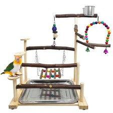 Wood Bird Playground Parrot Play Stand with Feeder Cups Parakeet Perch Stand ...