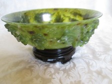 Antique Chinese carved spinach Jade Dragon bowl and stand