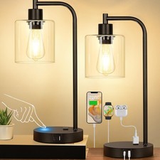 Set of 2 Industrial Touch Control Table Lamps with USB C A Ports and AC Outle...