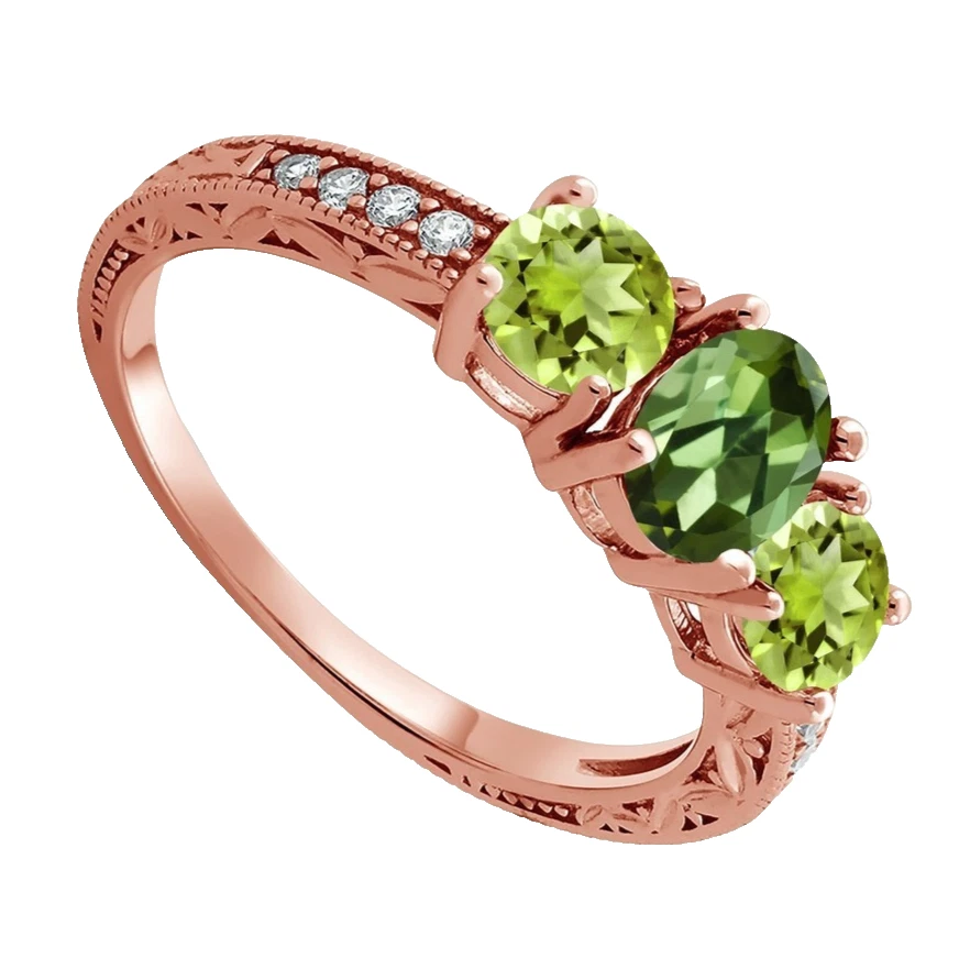 925 Silber Rose Vergoldet 1.90 Karat Grün Turmalin Und Peridot Verlobungsring - Bild 3 von 4