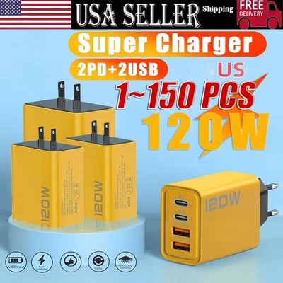 120W 4-Port USB C Fast Wall Charger Block For All Cell Phone iPad Lot