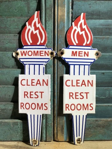 VINTAGE STANDARD MENS WOMENS RESTROOMS SET TORCH 12” PORCELAIN GAS OIL SIGN