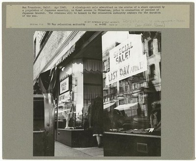 San Francisco, Calif. Apr. 1942. A closing-out sale advertised on the window