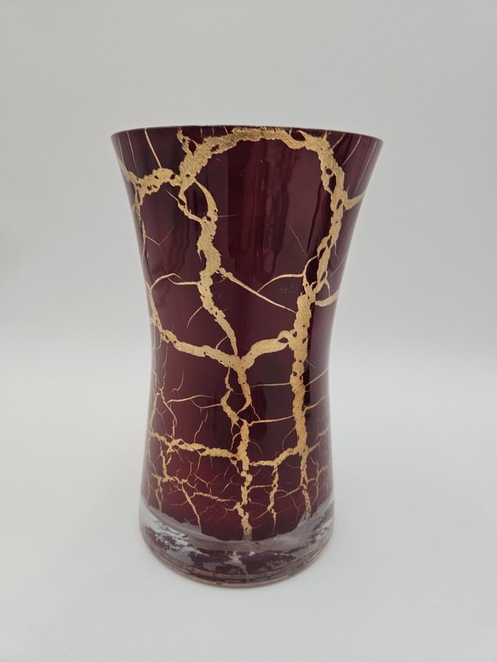 Red And Gold Crackled Glass Vase Gold Inside Hand Blown 8 Inch Tall