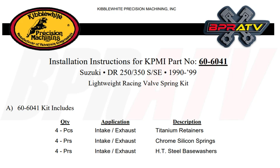 Kibblewhite Titanium Valve Spring Kit 1990-1999 Suzuki DR250 DR350 SE +Red Seals - Image 4 of 4