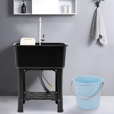 Laundry Sink Freestanding Plastic Utility Sink W/Storage Shelf Faucet Drain Kit