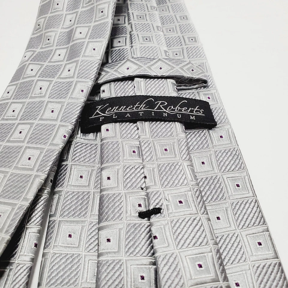 Corbata Kenneth Roberts plateada patrón geométrico seda cuello corbata jacquard Foto 3 de 4