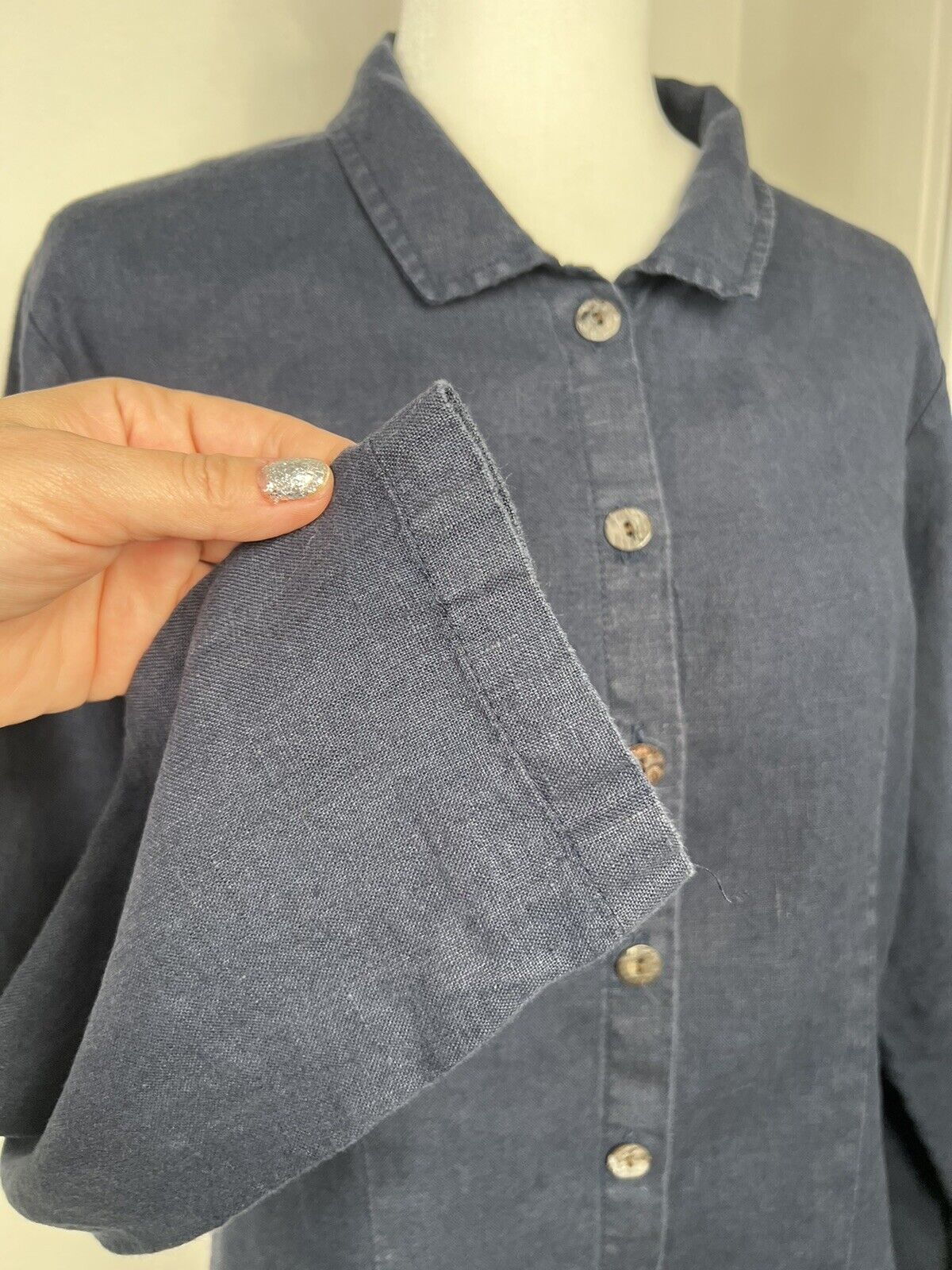 Flax Linen Shirt Blouse small blue long Sleeve - image 5