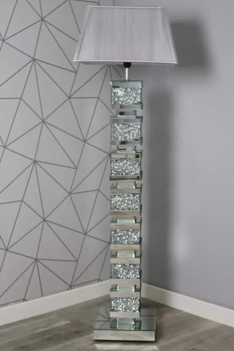 Block Floor Lamp Mirrored Sparkly Diamond Crush Crystal Square Base With Shade