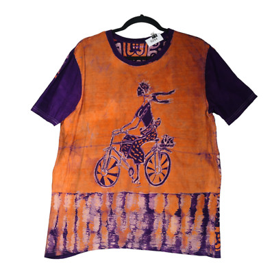 Livergy Tee Women Size L Purple Batik Tie Dye Woman Riding Bike 100%Cotton Boho