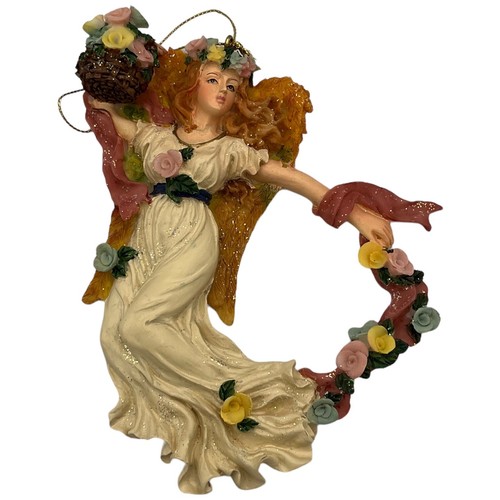 Vintage Harz Engel mit Blumenkorb Ornament Figur 5,5" x 4"