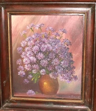 90's realist oil painting still life vase and flowers