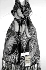 Women's Pashmina Scarf Wrap,Paisley Black White Silk Cashmere,Soft