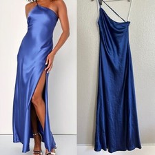 Lulus Flirtatious Evenings Blue Satin Asymmetrical Backless Maxi Dress Gown