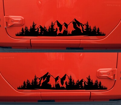 Set of 2 Mountains and Forest Vinyl Decals V5 | Camping Hiking RV Mirrored Pair