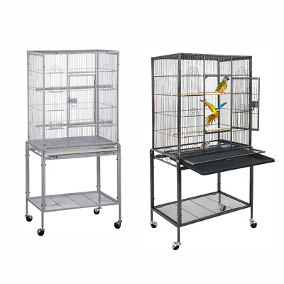 53'' Parakeet Bird Cage Parrot Flight Cage Wrought Iron Rolling Stand White/Black